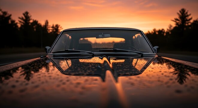 Fototapeta Vintage Car Hood Sunset Reflection