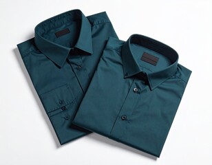 Two folded, dark teal dress shirts on a plain white surface