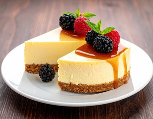 Two cheesecake slices with berries on a white plate
