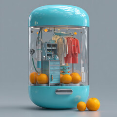 Futuristic Medical Capsule Interior with Orange Coats and Fruits