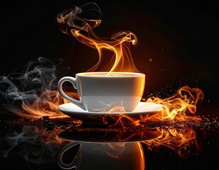 Steaming cup on saucer with fiery, wispy vapor trails