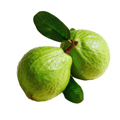 Two ripe, light green guavas with attached stems and leaves, isolated on a black background