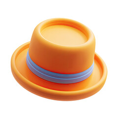 A bright orange bowler hat with a light blue band, rendered in a smooth, 3D style, sits at a slight angle