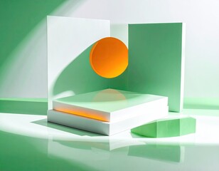 Mint, white, orange geometric still-life. Abstract & light