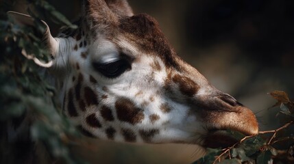 Close up portrait of a giraffe eating green leaves from branches in a dark shadowy forest with a cinematic feel