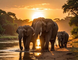 Elephants walk at sunset, bathed in golden light