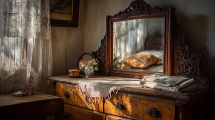 Vintage Wooden Dresser with Lace Curtain and Soft Reflected Light