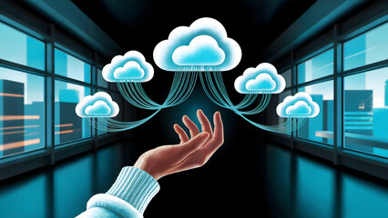 Empowering digital transformation with seamless cloud connectivity flowing from a hand in a modern office setting