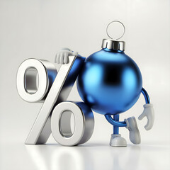 Charming Christmas sale promotion featuring a cheerful blue ornament character leaning on a silver percentage sign for holiday marketing