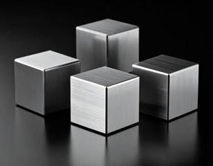 Metal cubes sit on black surface; reflective, minimalist