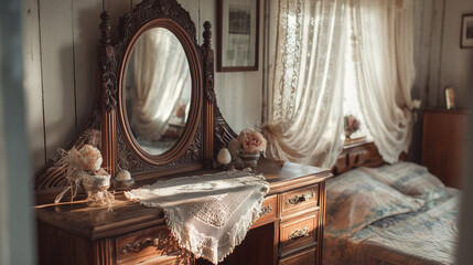 Vintage Wooden Dresser with Lace and Dried Roses in Soft Light