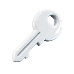 A glossy, white, three-dimensional rendering of a simple key, isolated on a black background