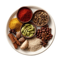 A white plate holds various spices paprika, turmeric, cardamom pods, coriander seeds, allspice berries, star anise, cinnamon sticks, nutmeg, ginger, and sesame seeds