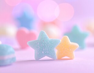 Pastel candy stars and hearts on lilac with bokeh lights