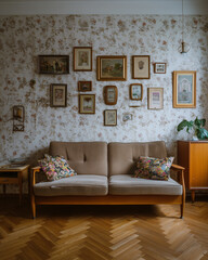 Vintage Living Room with Wooden Sofa and Floral Wallpaper Gallery Wall