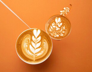 Latte art featuring symmetrical leaves on orange