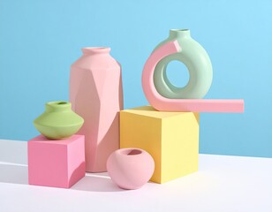 Geometric vases, cubes, soft pastel hues, blue backdrop