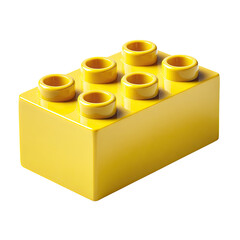 A single, bright yellow plastic building block with six studs on top, rendered with a slight sheen and shadow, isolated on a black background