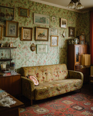 Retro Living Room with Floral Sofa and Antique Picture Frames