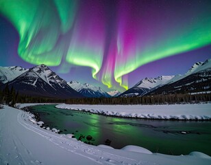 Aurora dances above snowy peaks, river reflects the light