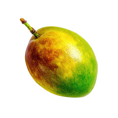 A single, ripe mango exhibiting yellow, red, and green hues, with a small stem