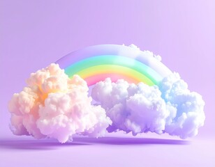 Pastel rainbow arc with fluffy clouds against lavender backdrop
