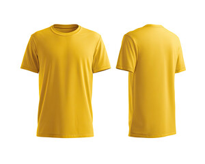 A mustard-yellow, short-sleeved crew-neck t-shirt displayed in front and back views on a neutral background