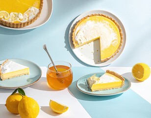 Lemon tarts, slices, honey, and lemons. Airy light