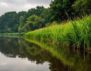 Grassy riverbank reflects dense trees under overcast sky
