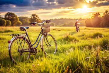 Obraz premium Bicycle is parked in a field with a person riding it