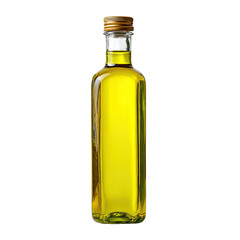 Clear glass bottle of golden-yellow oil with a gold screw-top cap, standing upright against a black background