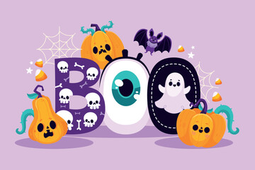 Obraz premium BOO Halloween illustration with pumpkins ghosts and bats in cartoon style