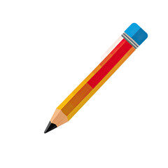 A diagonally positioned pencil with a red and yellow body, a blue eraser, and a sharpened graphite tip