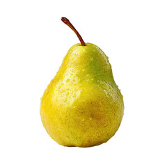 A single, ripe, yellow-green pear with water droplets, on a black background.  Its stem is reddish-brown