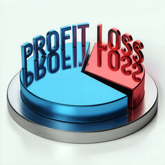 Dynamic 3D pie chart visualizing profit and loss with bold metallic lettering for business analytics