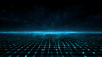 A futuristic digital landscape with a grid of blue lights expanding into the distance, representing data and technology. The scene evokes a sense of progress and innovation