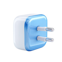 A two-pronged, light blue and white, cube-shaped electrical plug