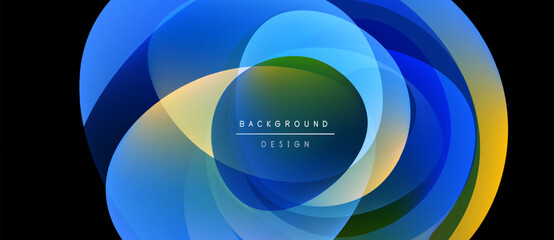 Abstract design features layered circles. Blue, green, yellow hues blend creating dynamic visual effect. Text reads background design.