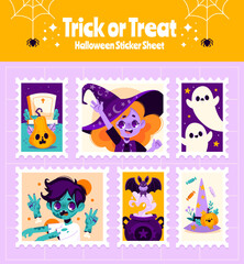 Halloween sticker sheet with ghosts witches and pumpkins in cartoon style