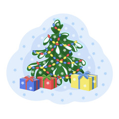 A Christmas tree decorated with garlands and gifts. Vector illustration for Christmas cards and designs.