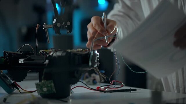 A researcher examines a robotic device in a lab, taking notes and connecting wires as they troubleshoot the technology. The environment is filled with tools and equipment related to robotics