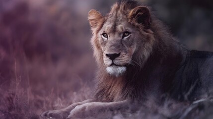 Fototapeta premium Majestic male lion with a full mane resting peacefully in a softly lit natural environment gaze fixed on the distance