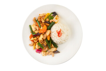 Thai Stir-Fried Chicken with Cashew Nuts and Rice – Traditional Asian Cuisine Isolated on White with Clipping Path