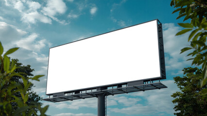 Fototapeta premium Stunning blank billboard awaits your impactful advertising message against a vibrant sky with lush green foliage framing the scene