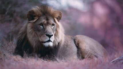 Fototapeta premium Majestic male lion with a full mane rests peacefully in a dry colorful savanna landscape with soft pink and purple hues