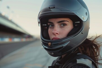 Confident motorcyclist wearing protective helmet on speedway ready for competition