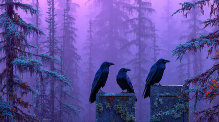 Crows perched atop three tombstones in the foggy forest, creating an eerie, creepy, dark art magazine aesthetic. Hues of lavender and blue background with purple skies