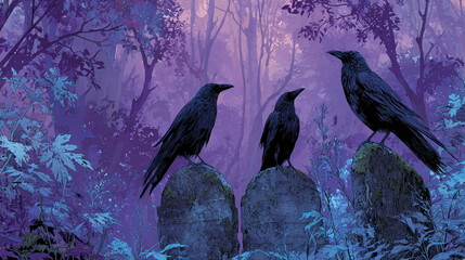 Crows perched atop three tombstones in the foggy forest, creating an eerie, creepy, dark art magazine aesthetic. Hues of lavender and blue background with purple skies
