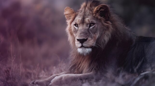 Majestic male lion with a full mane resting peacefully in a softly lit natural environment gaze fixed on the distance