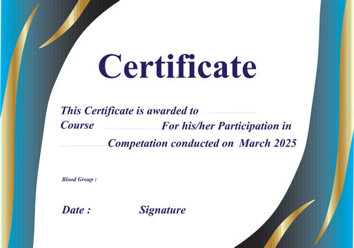 Certificate of achievement with decorative blue and gold swirls and official seal for recognition and award